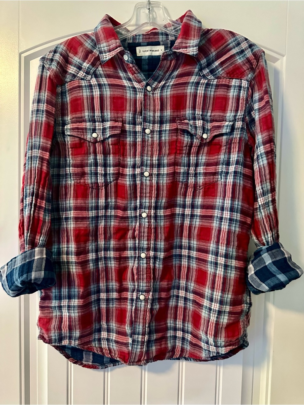 Lucky Brand Red Navy White Plaid Button-Up Shirt